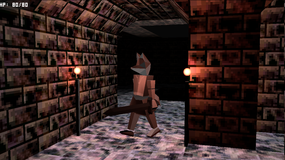 an anthropomorphic wolf wielding a sword walking through a dungeon hall