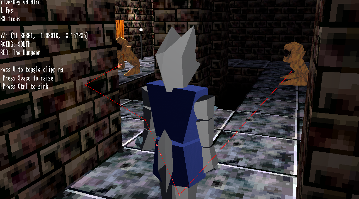 the player stands in a room with two orange monsters. a red line shows the shortest path between the monsters and the player.