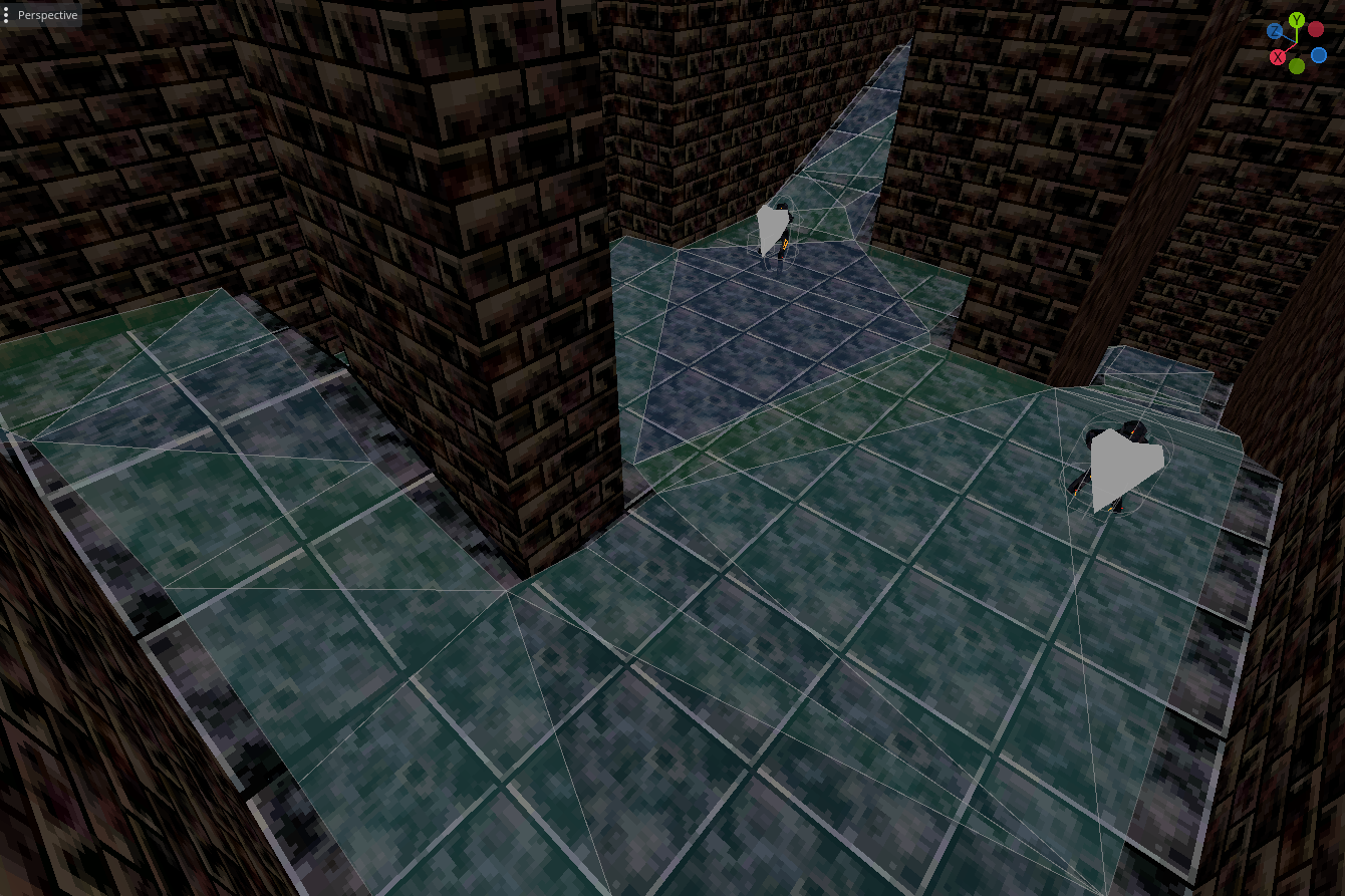 two grey monsters in a dungeon room. the floor of the room is divided into triangles.