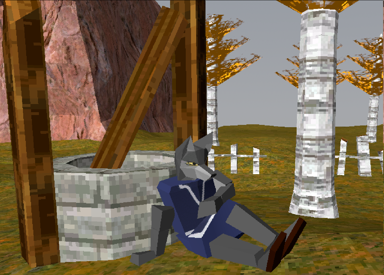 the Silver Key wolf sits against a well in a birch wood