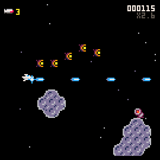 a white spaceship shooting blue beams among red enemy ships and asteroids