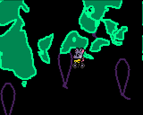 Micah, a grey mouse in a yellow hoodie, rides a bike through neon green blobs and dark blue fish