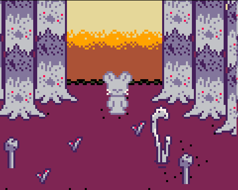 Micah, a white spirit with mouse ears, stands in a strange white forest