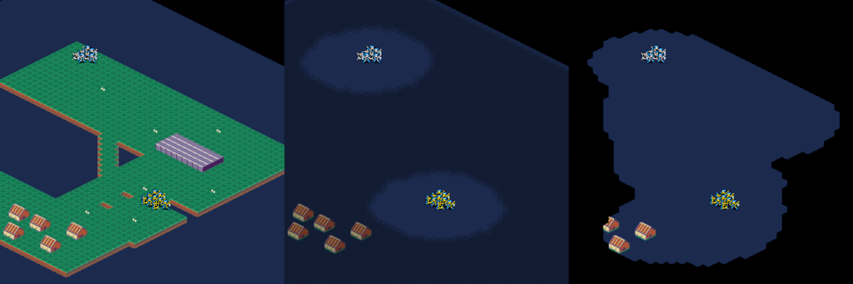 three images of the isometric grid, showing each state of fog of war