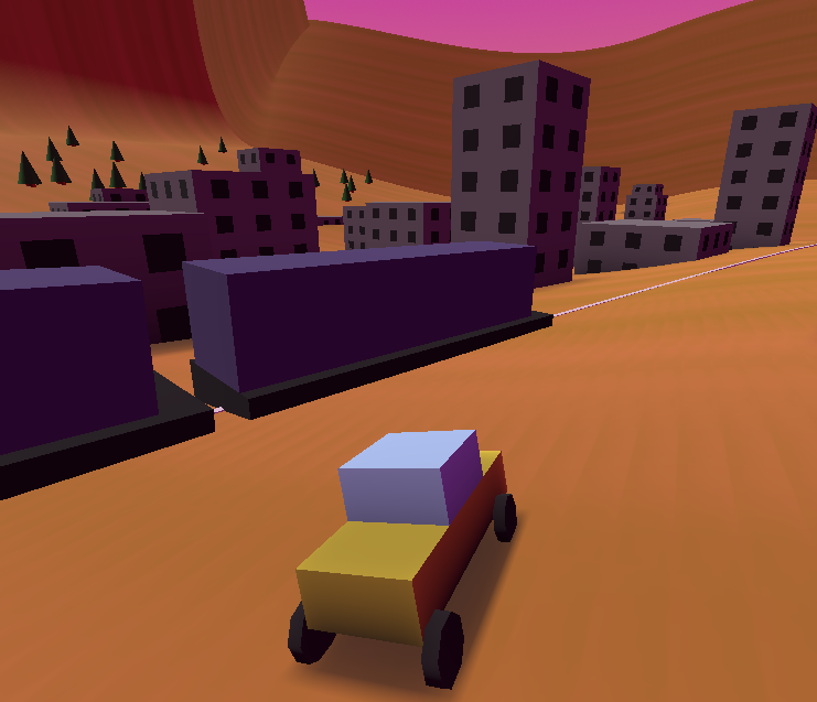 a yellow car in devtest valley in front of a purple train and several grey buildings