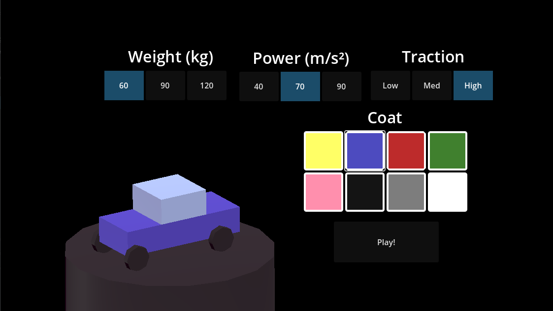 car customization menu, including options for coat color, weight, power, and traction